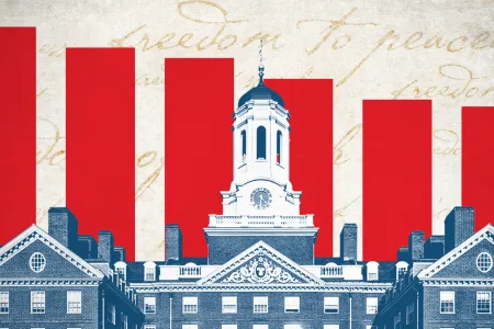 Black and white image of stately brick university building with a tall white cupola in the foreground with red bars (like from a graph) descending behind it, indicating quantitative analysis.